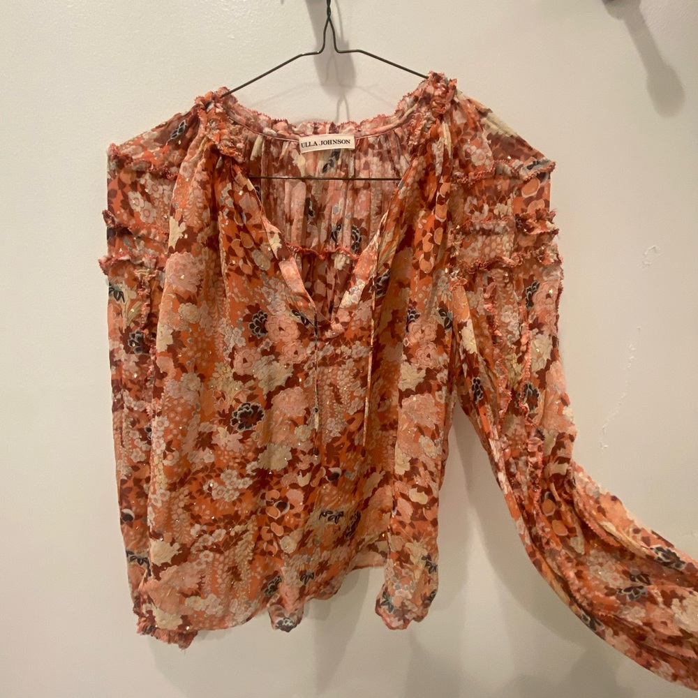 Ulla Johnson - peach floral with gold accents sheer blouse
